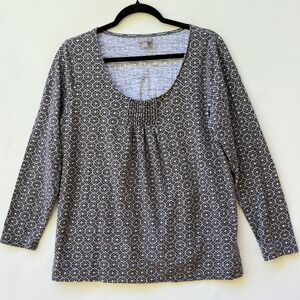 J Jill Womens Medium Neutral Geometric Scoop Neck Pintuck Long Sleeve Blouse Top